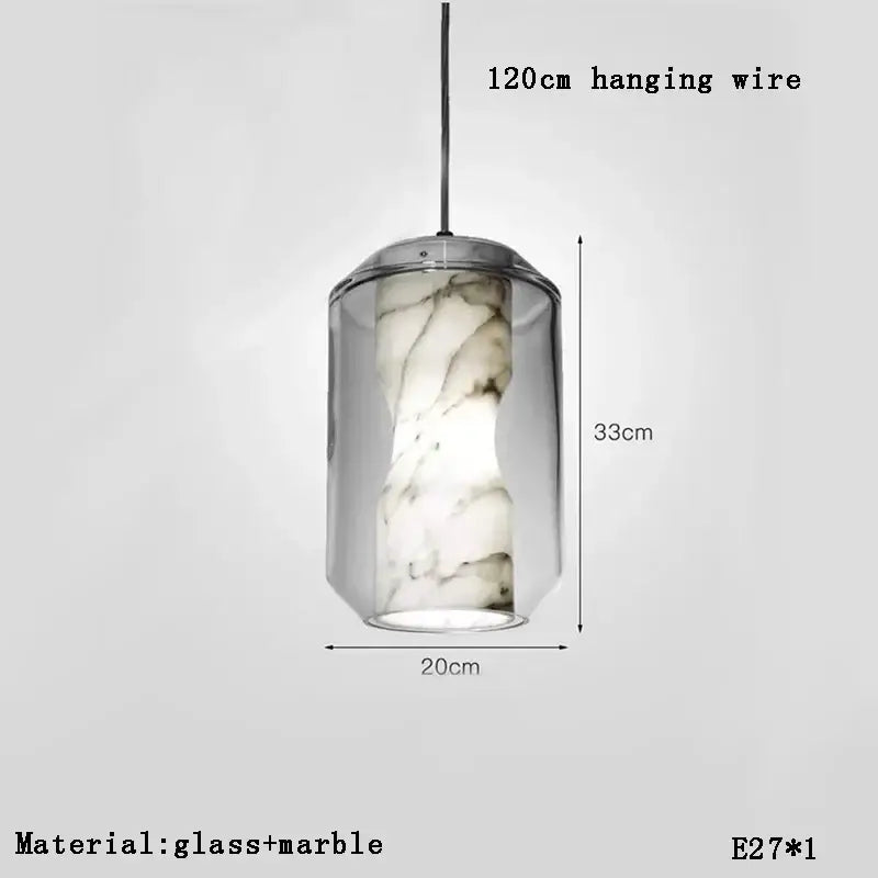 Modern alabaster marble pendant light with clear glass and white gray marble pattern for luxury dining and kitchen décor