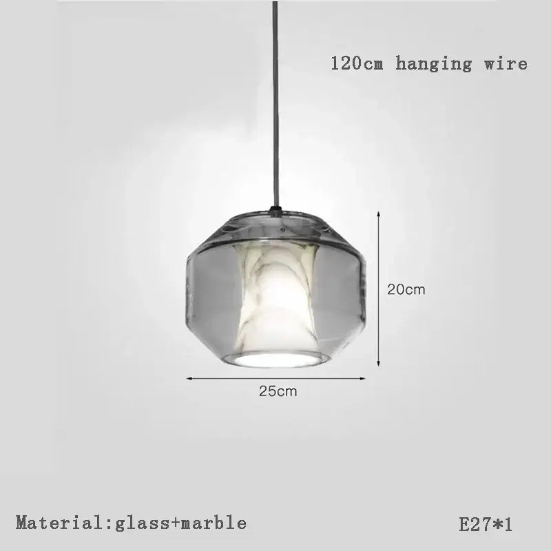 Modern geometric alabaster marble pendant light with translucent gray glass and marble interior for luxury dining room