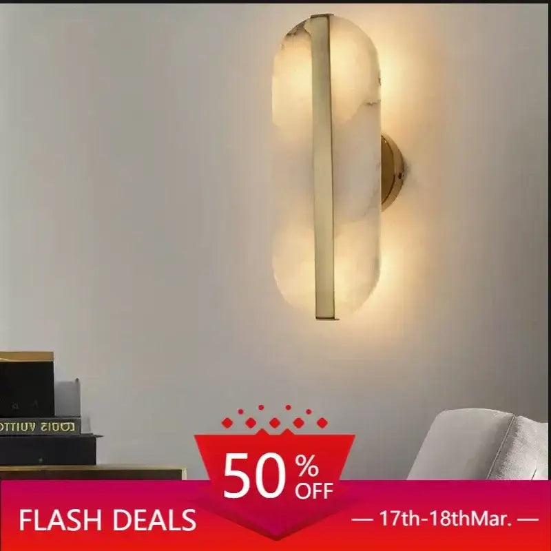 Modern minimalist wall lamp DecorBites™ alabaster oval marble with frosted glass diffuser and brushed brass frame for indoor use