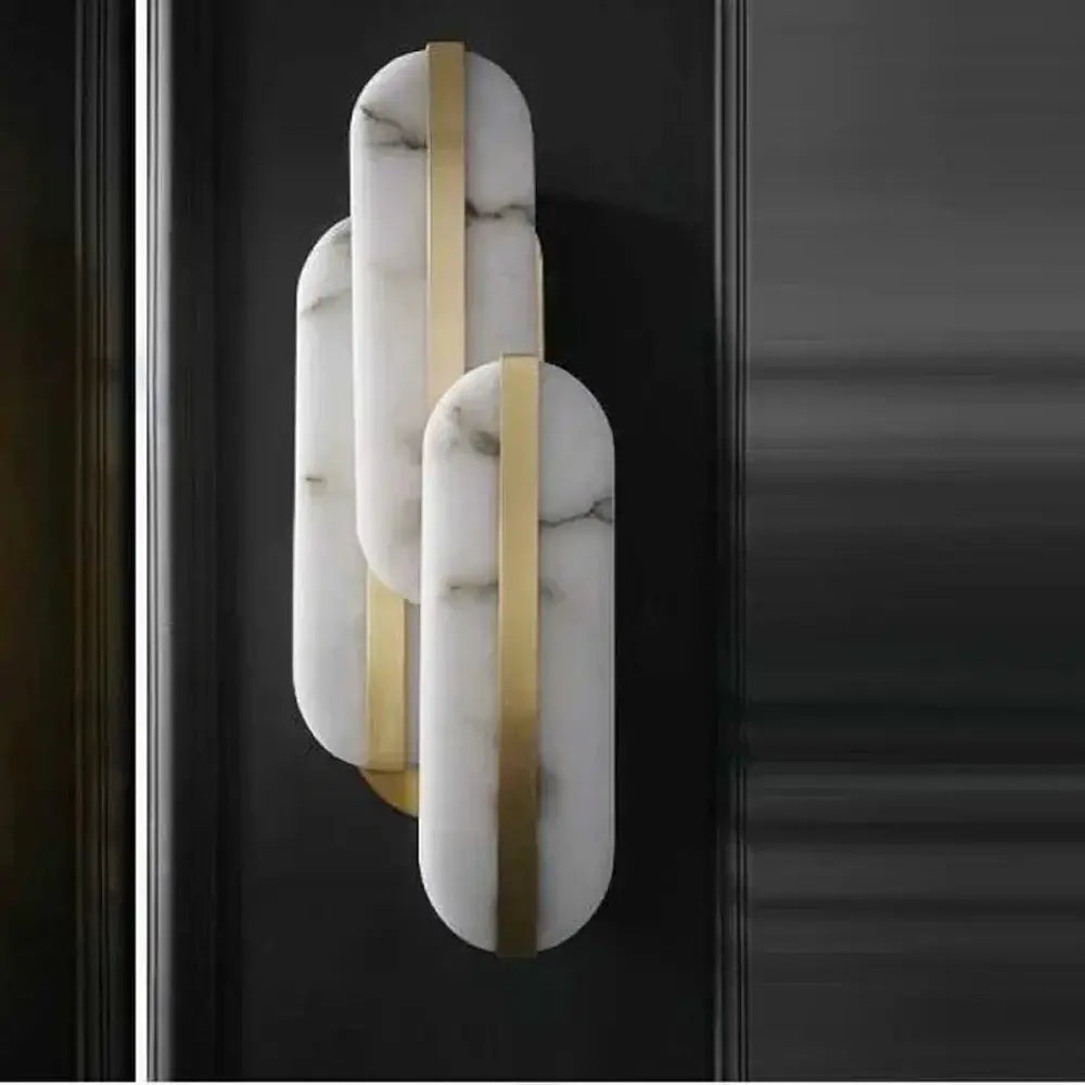 Decorbites™ alabaster oval marble wall lamp with three white marble panels and gold metal strips for indoor lighting