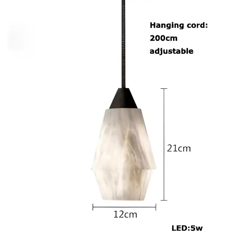 DecorBites™ alabaster pendant light featuring a geometric frosted marble glass shade and black metal top for living room