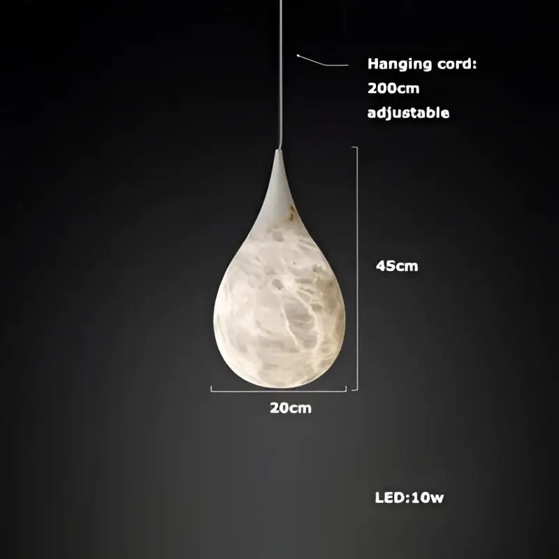 A sleek teardrop-shaped alabaster pendant light with textured off-white and beige marble finish for living room
