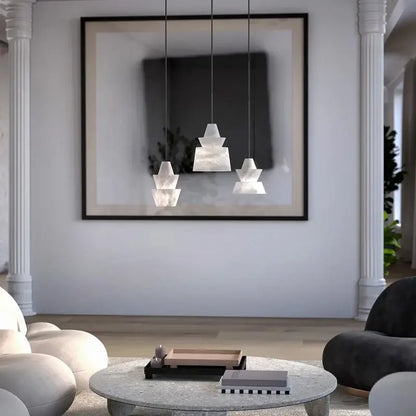 Three tiered white marble alabaster pendant lights from DecorBites for living room LED designer hanging lamps