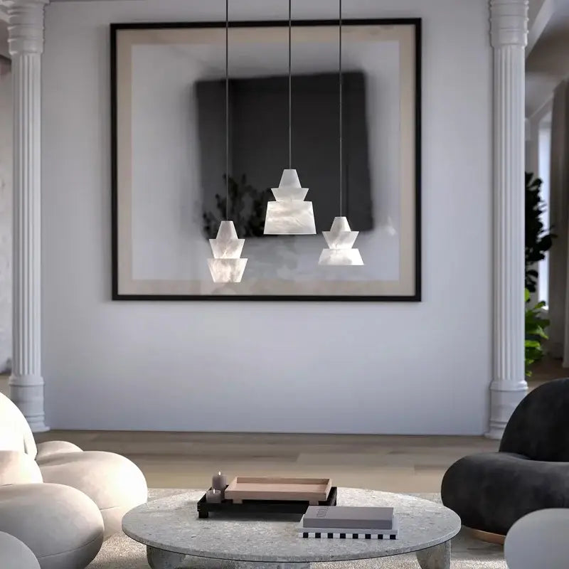 Three tiered white marble alabaster pendant lights from DecorBites for living room LED designer hanging lamps