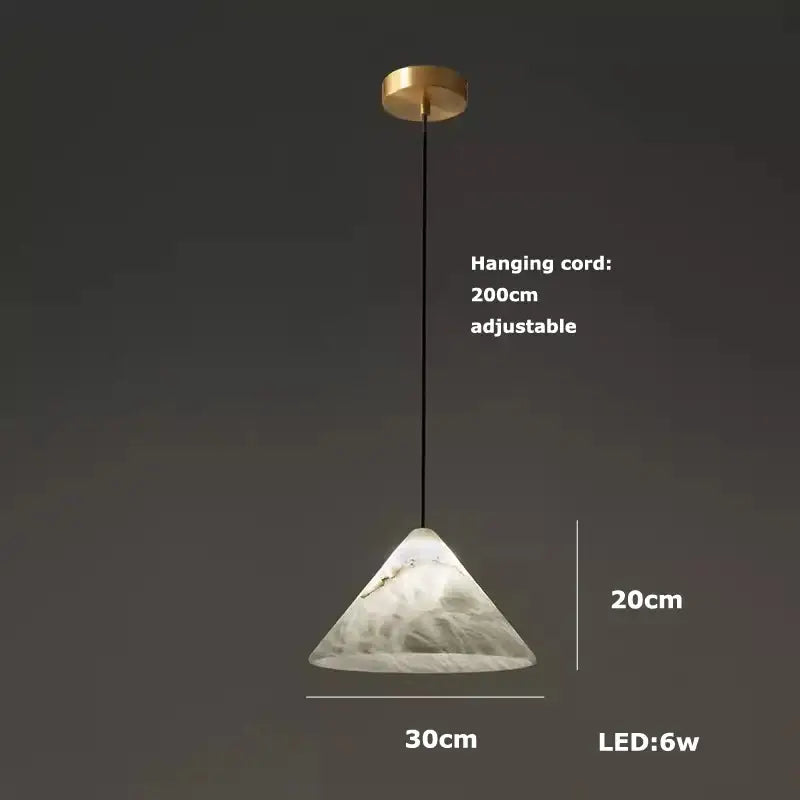 Decorbites™ alabaster pendant lights featuring a modern triangular frosted glass shade with marble veining and brass mount