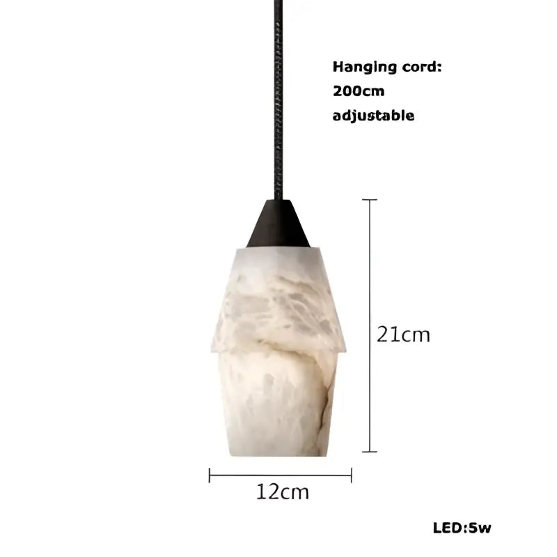 Decorbites™ alabaster pendant light with textured white and gray marble-like shade and adjustable black cord for living room
