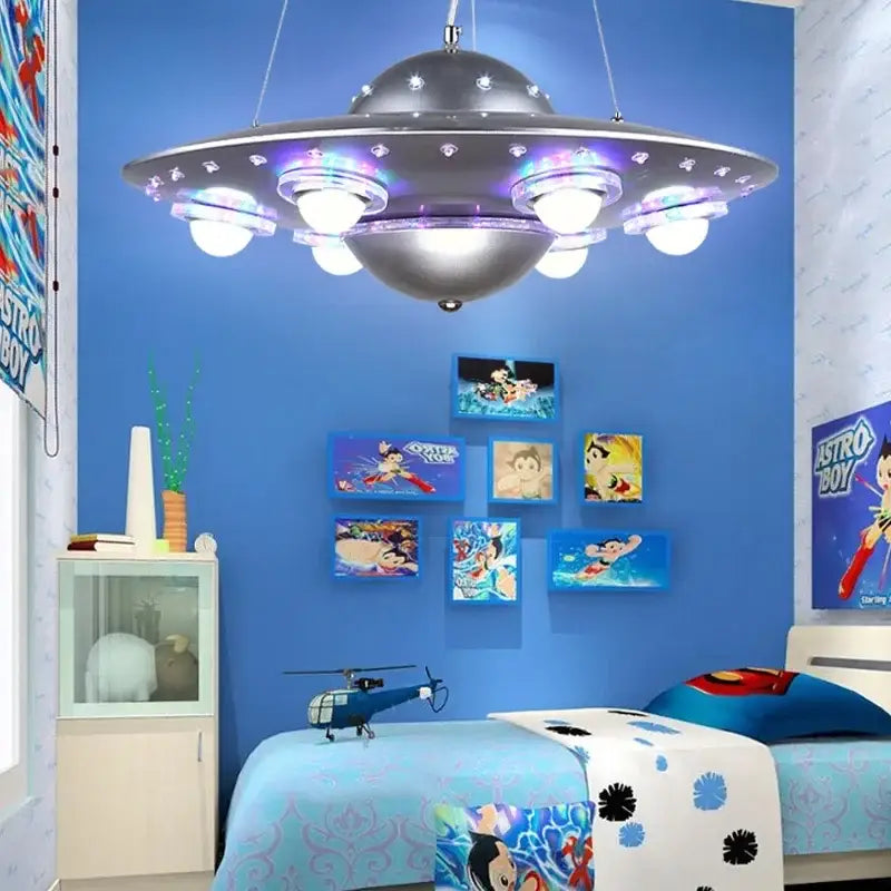 Silver alien ufo design led iron art chandelier pendant light with multiple glowing bulbs for children’s room decor