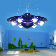 Dark blue ufo-shaped led pendant light with purple and white glowing edges iron art chandelier for children’s room