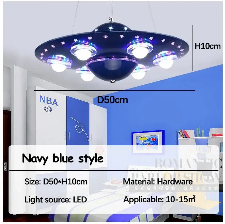 Navy blue iron art chandelier shaped like a ufo with glowing bulbs and star accents for children’s room lighting