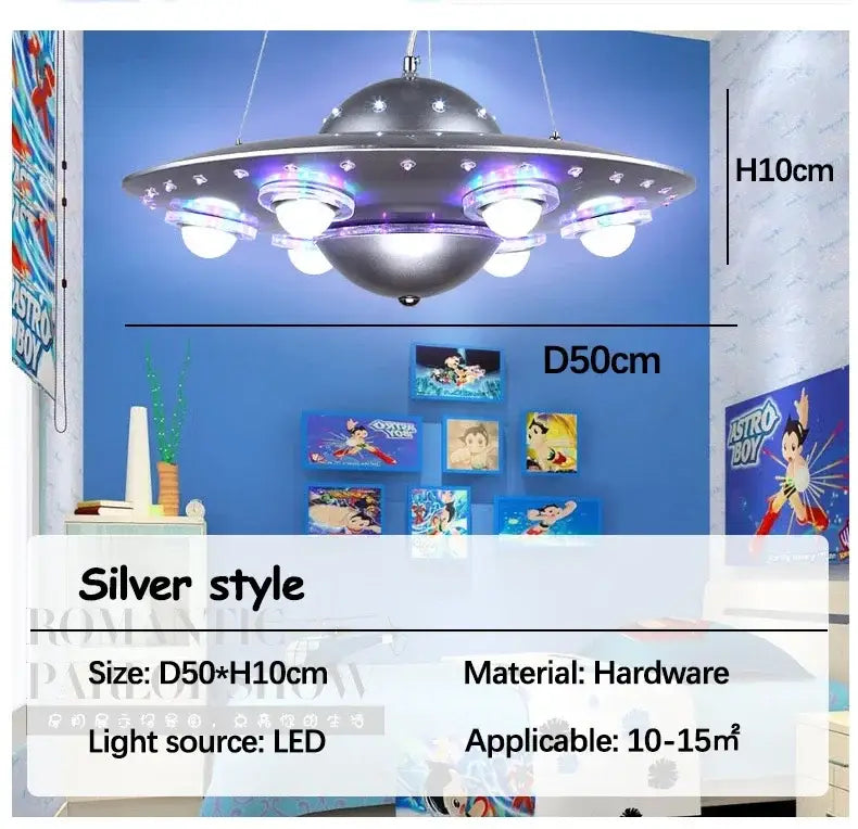 Silver ufo-shaped iron art chandelier pendant light with led bulbs and metallic hardware for children’s room decor