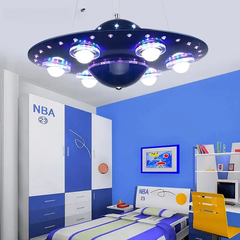 Decorbites™ dark blue alien ufo design led iron art chandelier with glowing lights for children’s room ceiling decor