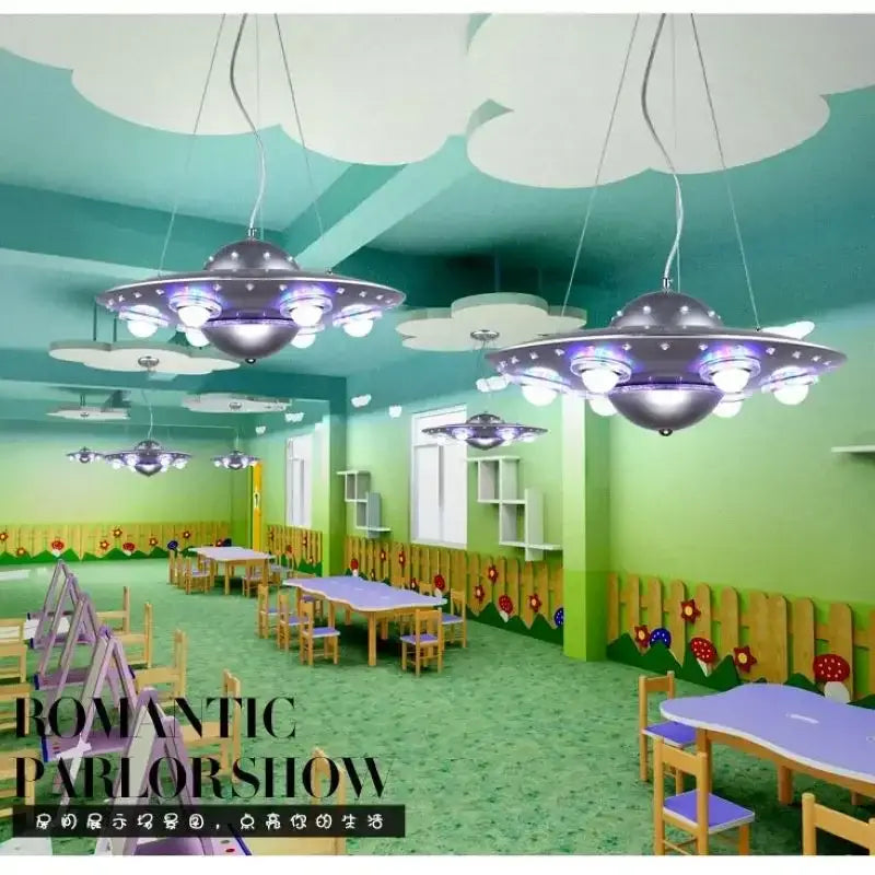 Decorbites™ silver ufo-shaped iron art chandelier with multiple glowing bulbs for children’s room lighting