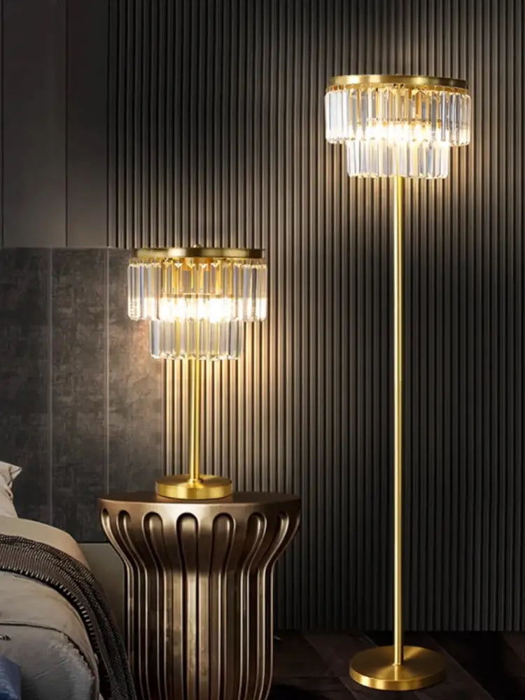 Decorbites™ all brass crystal floor lamp and table lamps feature gold-toned cascading crystal tiers for luxury lighting