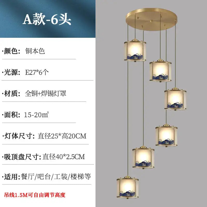 Six-tiered brass pendant light with blue wave glass shades and circular mount in decorbites copper entrance light design