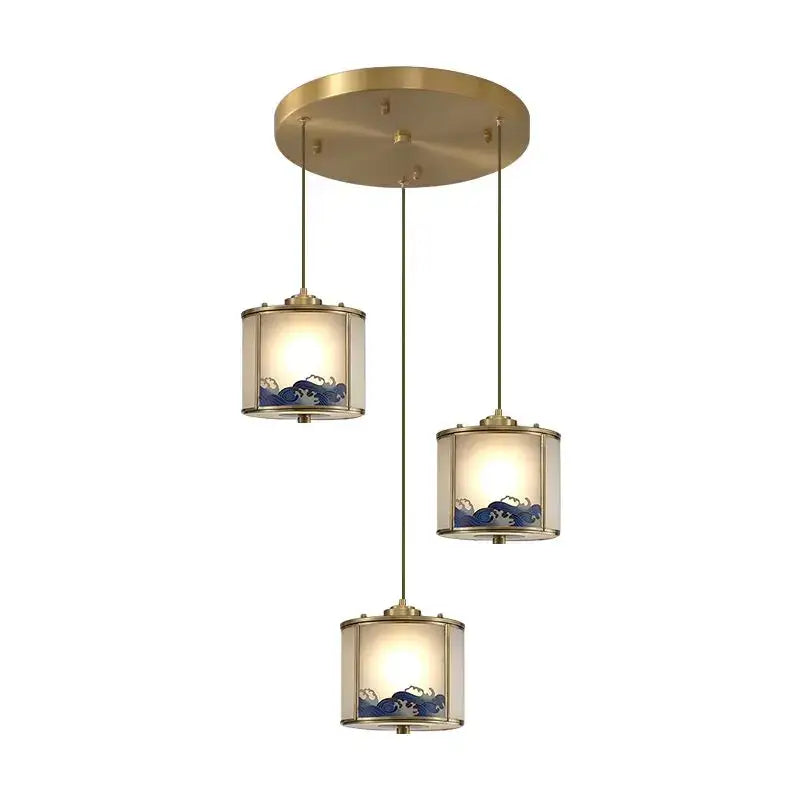 Decorbites™ brass-finished three-light pendant light with blue wave glass shades for copper entrance light and rotating staircase light