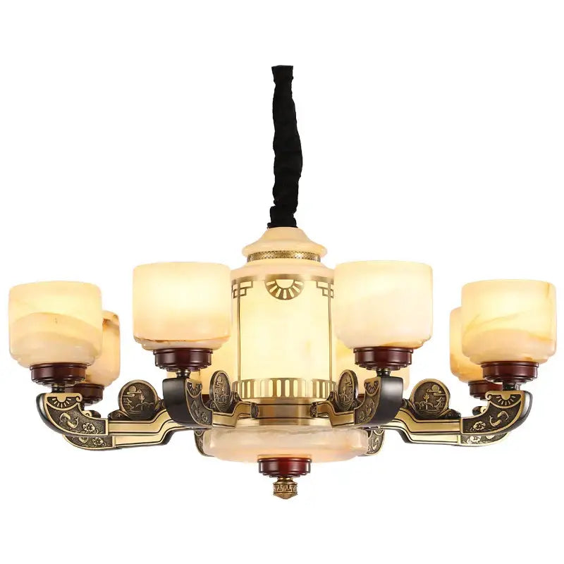 Antique-style copper jade chandelier with cream glass body, gold metal arms, and amber frosted shades for living room lighting