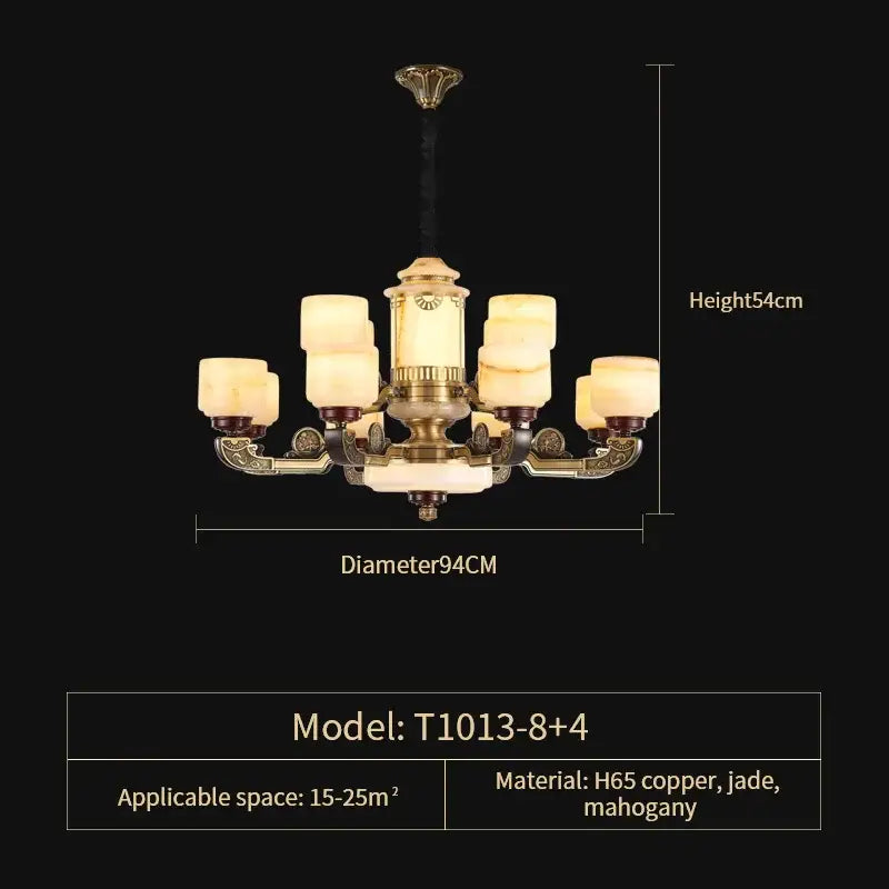 Elegant DecorBites™ all copper jade chandelier t1013-8+4 with six warm glass shades for living and dining rooms