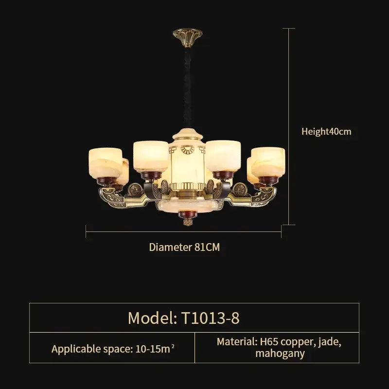 Elegant copper jade chandelier with six warm glass shades and mahogany frame with jade inlays for living or dining room lighting