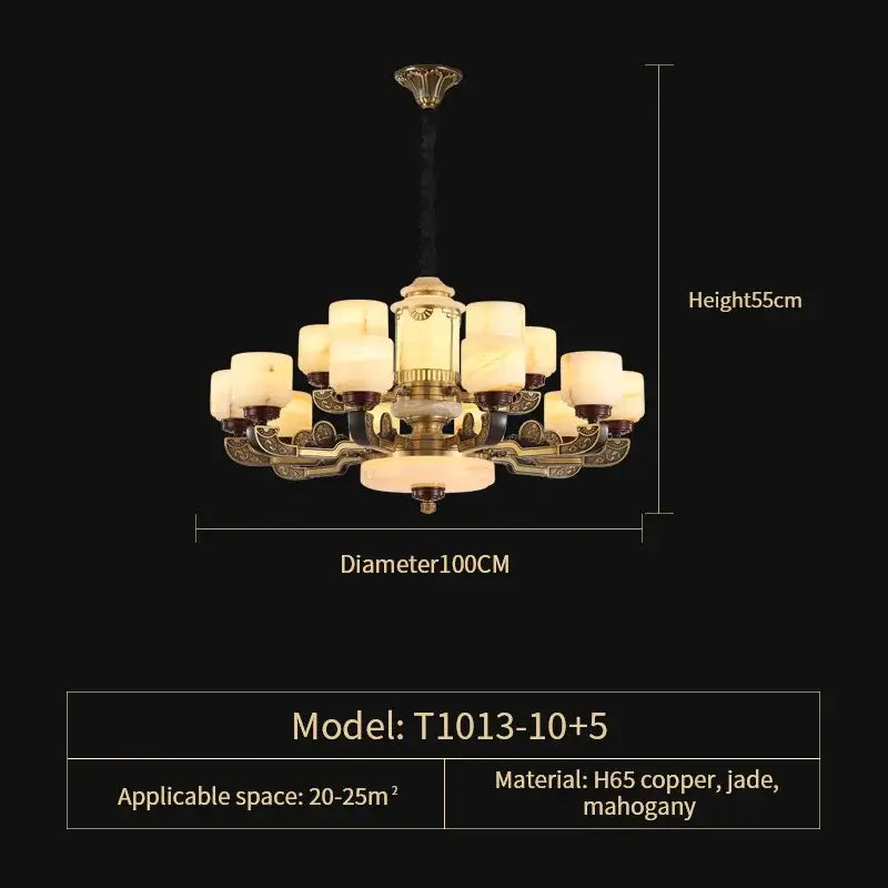 Elegant DecorBites™ all copper jade chandelier with brass-finished h65 copper frame and cream glass shades for living rooms