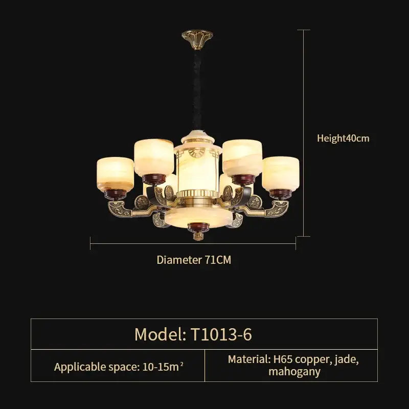 Elegant DecorBites copper jade chandelier with five warm jade glass shades and mahogany copper arms for classic luxury lighting