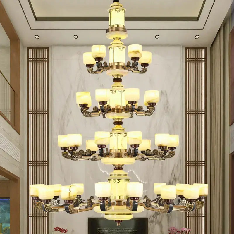Decorbites™ all copper jade chandelier with ornate brass scrollwork cream marble-like shades warm glowing light