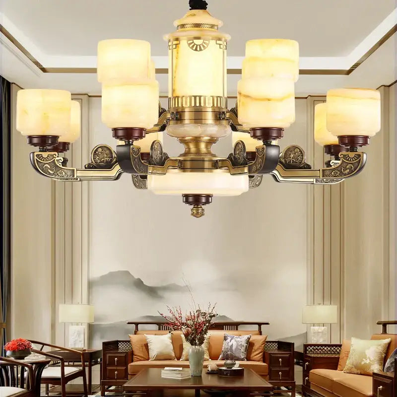 A warm-toned ornate copper jade chandelier with brass and dark wood accents for living room or dining room lighting