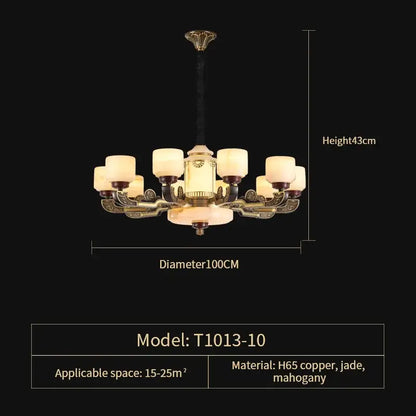DecorBites™ all copper jade chandelier with mahogany frame and eight cream glass shades for living and dining rooms
