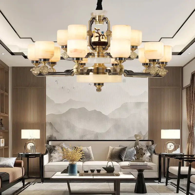 Decorbites copper jade chandelier with brass finish multiple frosted glass shades ornate traditional design for villa lighting