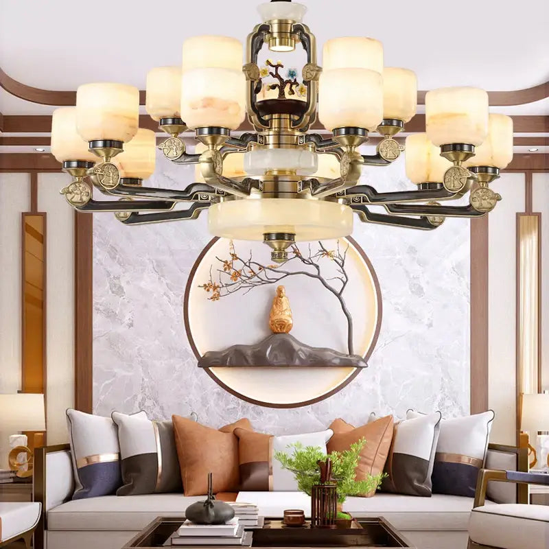 Brass and frosted glass copper jade chandelier with intricate branch design for living room villa duplex lighting