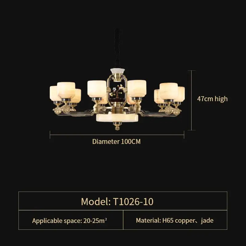 Elegant copper jade chandelier with central jade inlay and eight cream glass shades for villa duplex living room lighting