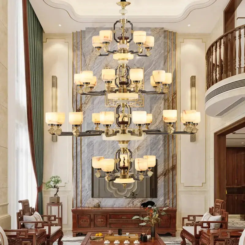 Decorbites™ all copper jade chandelier with brass and dark metal frames and warm frosted glass shades for villa duplex lighting