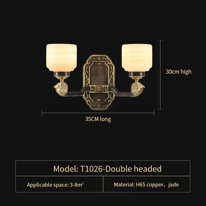 Antique brass double-headed wall sconce with frosted glass shades and ornate jade accents in DecorBites copper jade chandelier