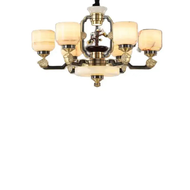 Decorbites™ all copper jade chandelier with brass and white marble frame and five warm glass shades for living room lighting