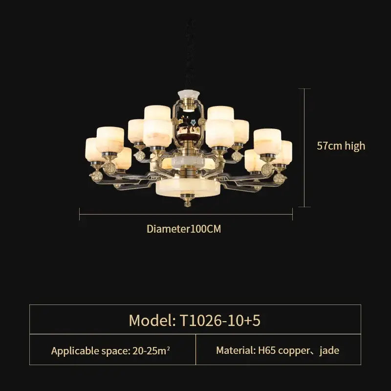 Decorbites™ all copper jade chandelier with brass finish and frosted glass shades for villa duplex lighting