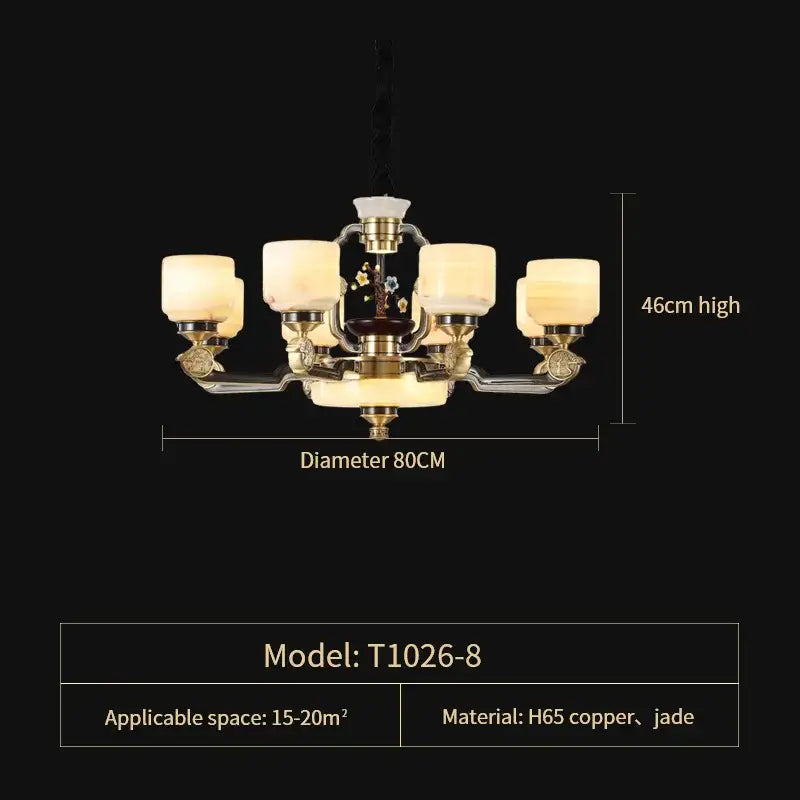 DecorBites™ copper jade chandelier with six warm glass shades and ornate h65 copper and jade detailing for living room lighting