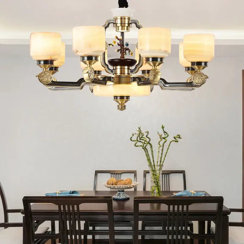 Antique brass copper jade chandelier with six warm frosted glass shades and ornate floral motif for villa lighting