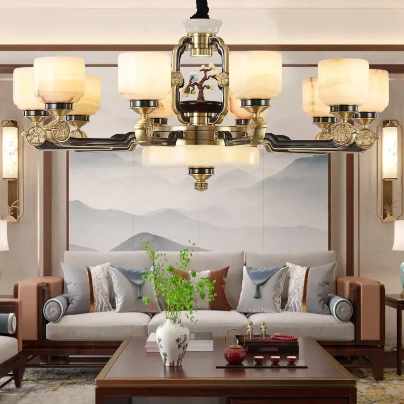 DecorBites™ all copper jade chandelier with brass and black ornate design and frosted glass shades for villa lighting