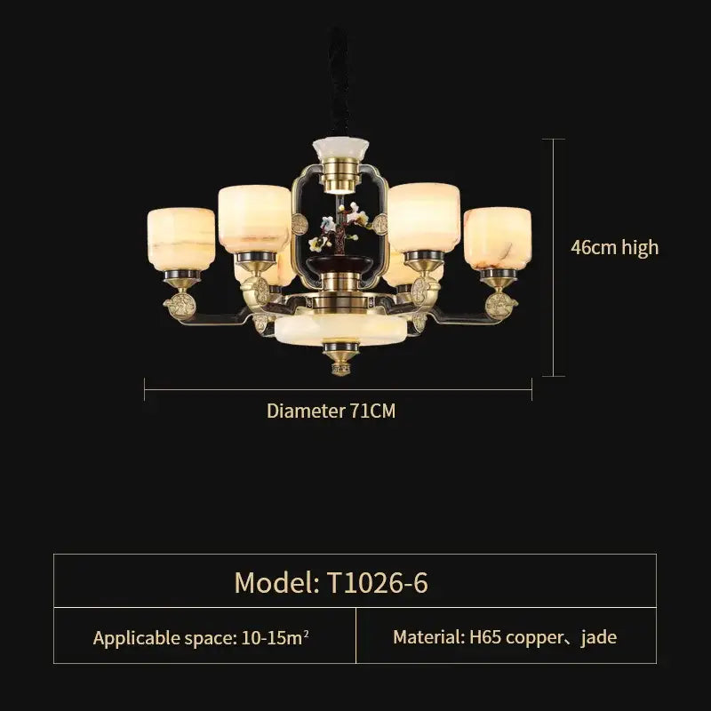 DecorBites™ all copper jade chandelier with six frosted glass shades and intricate floral jade inlays for villa lighting