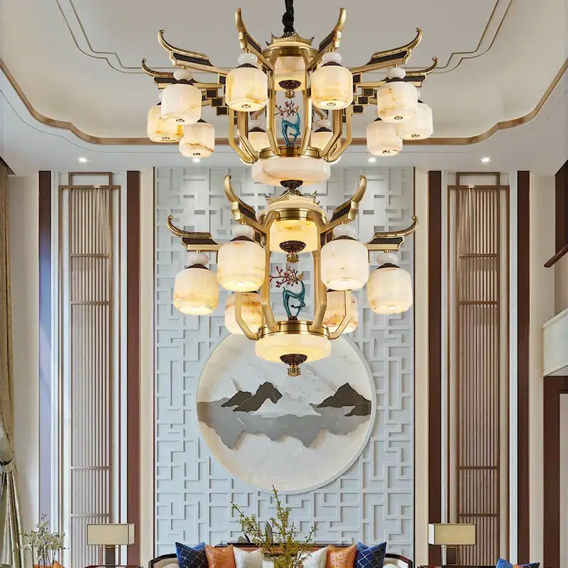 Golden copper jade chandelier with frosted glass lanterns and intricate antler-like metal arms for villa living room