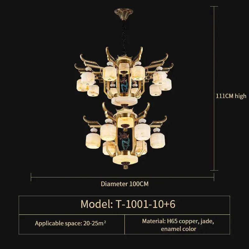 Golden ornate copper jade chandelier with intricate h65 copper and jade enameled design and frosted glass shades