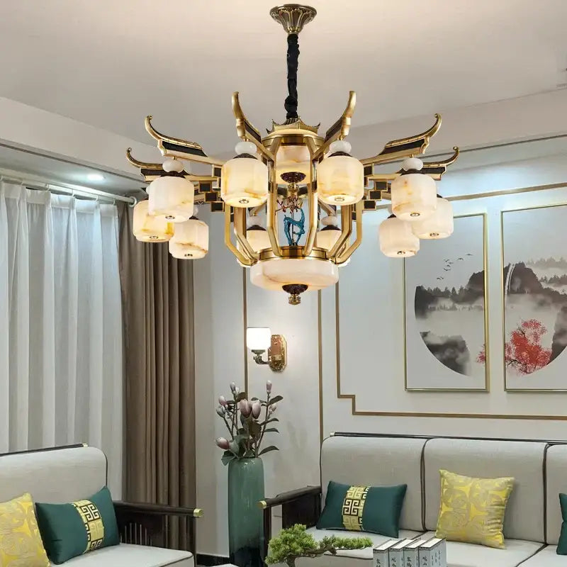 DecorBites copper jade chandelier with ornate wing-like copper arms and frosted white glass shades for villa living room