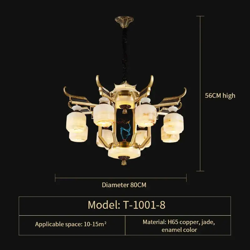 Golden ornate copper jade chandelier with six frosted glass shades and jade accents for villa living room decor
