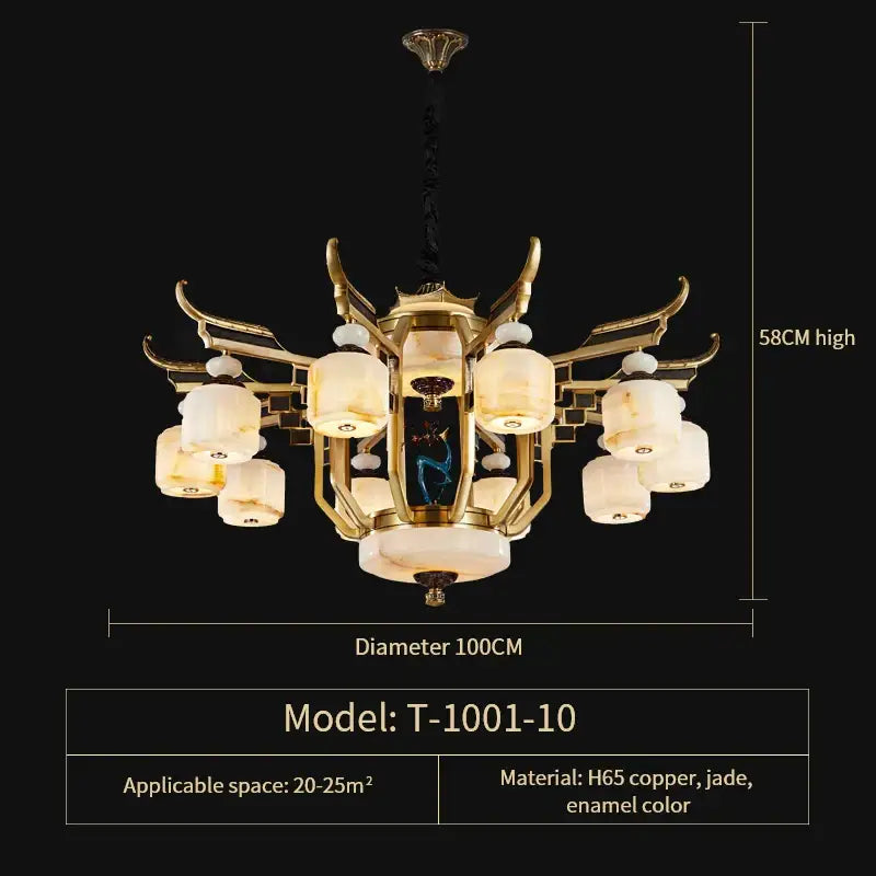 DecorBites™ all copper jade chandelier with golden ornate design frosted glass shades for villa living room lighting