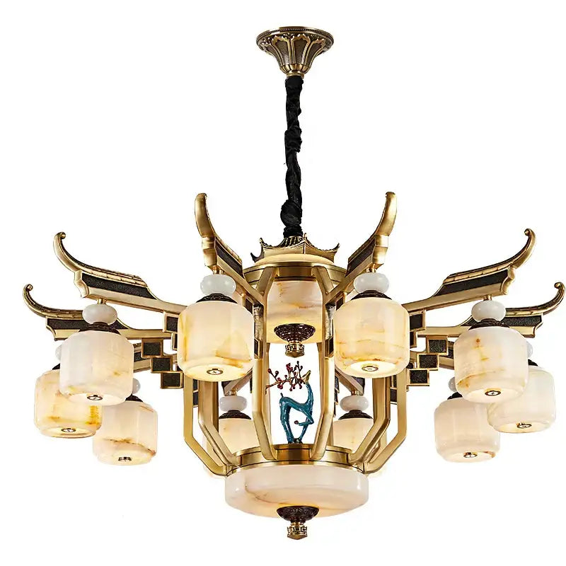DecorBites™ all copper jade chandelier with ornate wing-like arms and warm translucent stone shades for villa living room