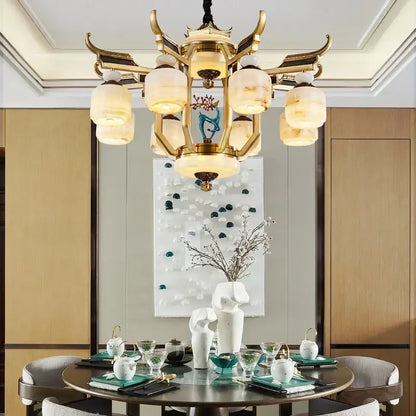 Golden ornate decorbites™ all copper jade chandelier with translucent amber glass shades for villa living room and dining room