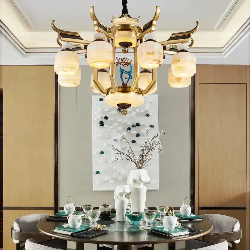 Golden ornate decorbites™ all copper jade chandelier with translucent amber glass shades for villa living room and dining room