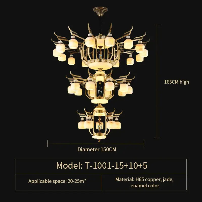 Golden ornate copper jade chandelier with antler-like arms and frosted glass shades for villa living room and dining room