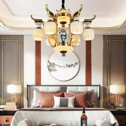 Decorbites™ all copper jade chandelier with gold-toned ornate arms and frosted glass shades featuring a deer motif for villa living room