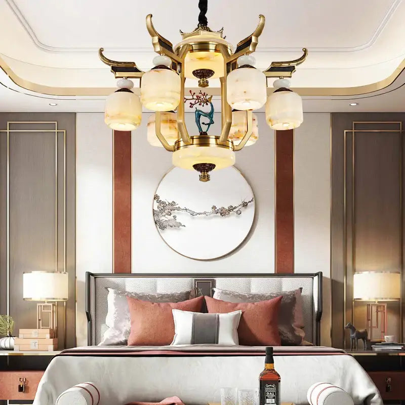 Decorbites™ all copper jade chandelier with gold-toned ornate arms and frosted glass shades featuring a deer motif for villa living room