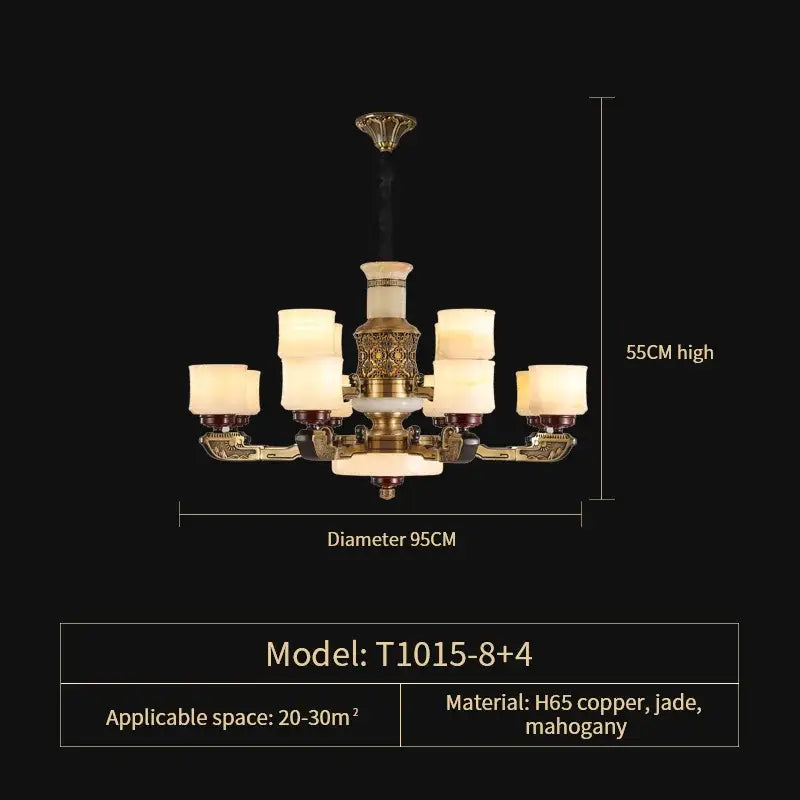 Elegant DecorBites™ marble jade chandelier with h65 copper arms, jade and mahogany accents, and cream glass shades
